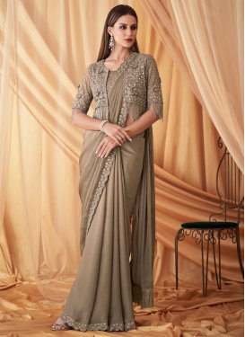 Embroidered Work Satin Georgette Trendy Classic Saree For Festival