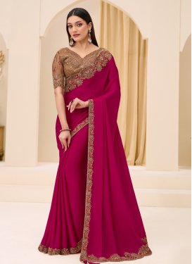 Embroidered Work Satin Georgette Trendy Saree in Rose Pink for Women