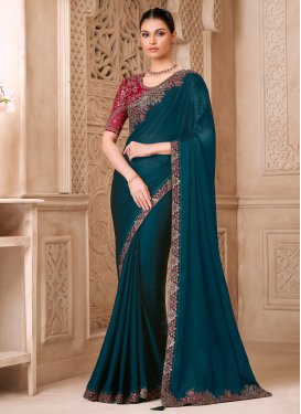 Embroidered Work Satin Georgette Trendy Saree in Teal for Women Embroidered Work Satin Georgette Trendy Saree in Teal for Women