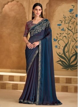 Embroidered Work Satin Georgette Trendy Saree in Teal for Women