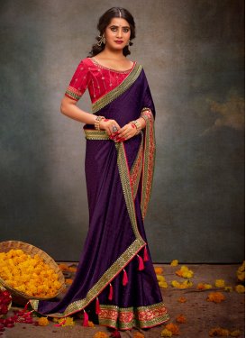 Embroidered Work Satin Silk Designer Contemporary Style Saree For Festival