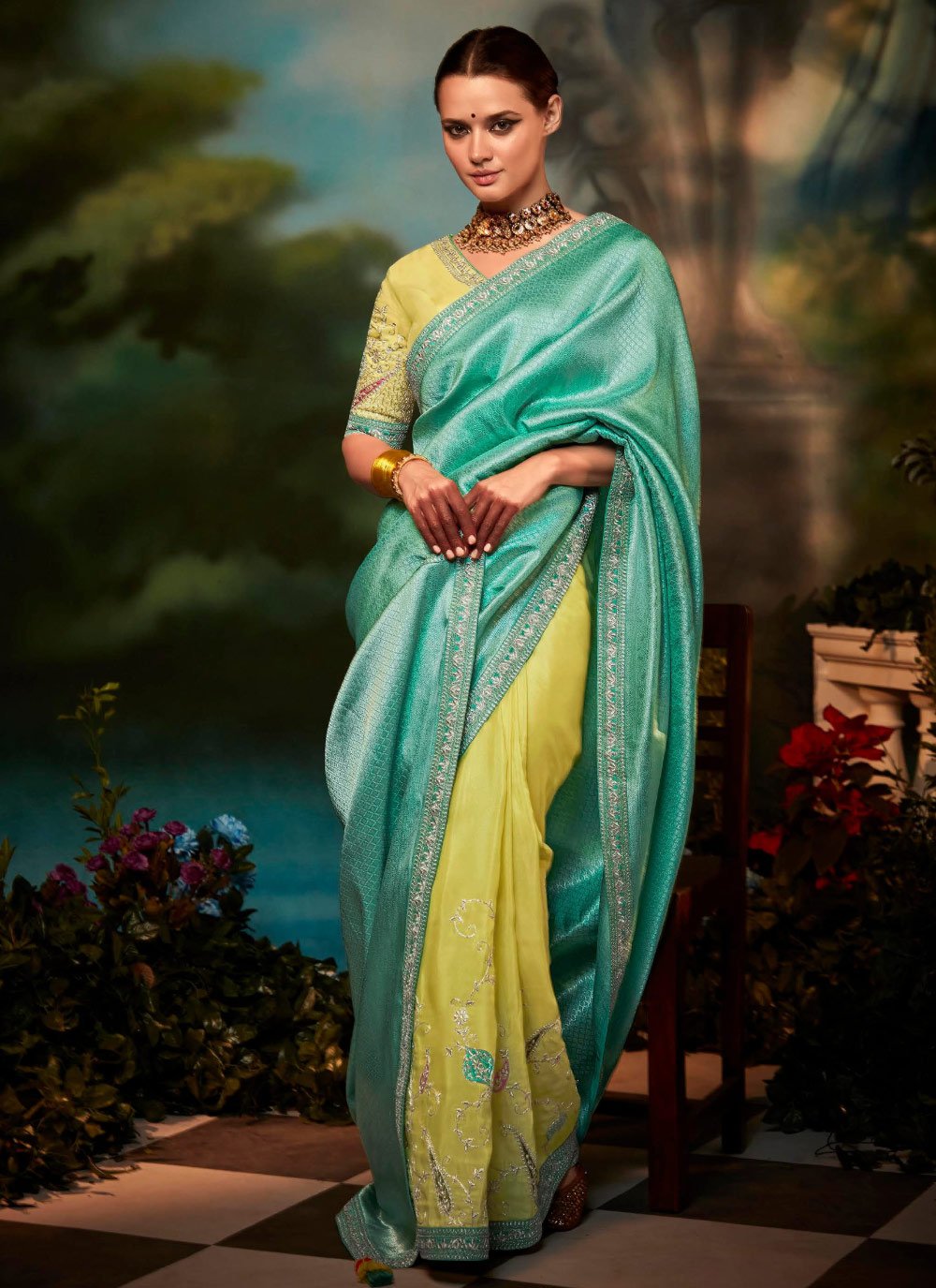 Embroidered Work Sea Green and Yellow Traditional Saree