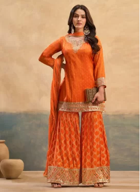 Embroidered Work Sharara Suit For Festival in Orange