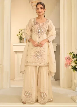 Embroidered Work Sharara Suit For Party in Cream