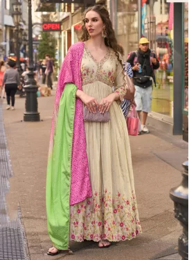 Embroidered Work Shimmer Designer Gown in Beige for Festival