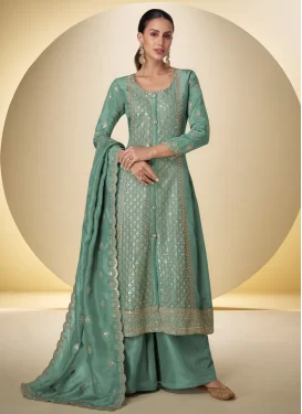 Embroidered Work Shimmer Palazzo Suit in Sea Green for Women
