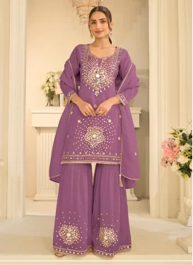 Embroidered Work Shimmer Sharara Suit in Violet for Party