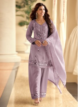 Embroidered Work Shimmer Straight Suit in Lavender for Women