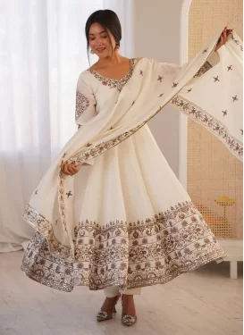 Embroidered Work Silk Blend Anarkali Suit in Off White for Festival