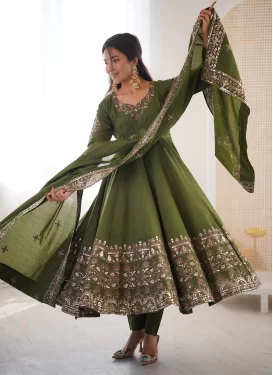 Embroidered Work Silk Blend Anarkali Suit in Olive for Festival