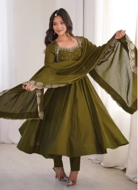 Embroidered Work Silk Blend Anarkali Suit in Olive for Women
