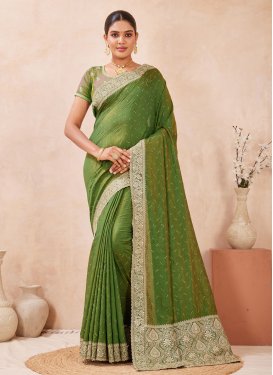 Embroidered Work Silk Blend Classic Saree in Green for Women