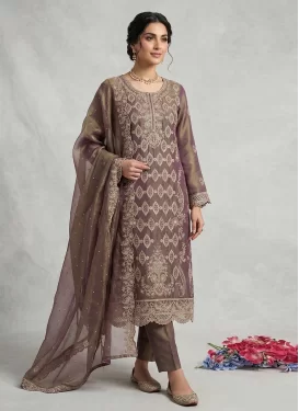Embroidered Work Silk Blend Pakistani Suit in Brown for Women
