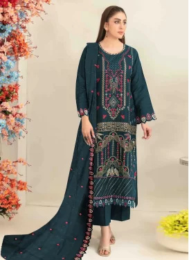 Embroidered Work Silk Blend Pakistani Suit in Teal for Ceremonial