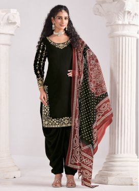 Embroidered Work Silk Blend Punjabi Salwar Suit in Black for Women