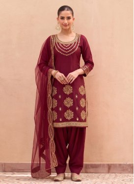 Embroidered Work Silk Blend Punjabi Salwar Suit in Maroon for Women