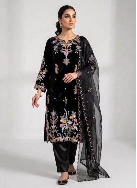 Embroidered Work Silk Blend Readymade Salwar Suit in Black for Women