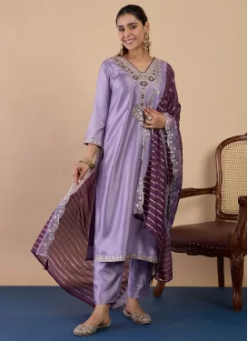 Embroidered Work Silk Blend Readymade Salwar Suit in Lavender for Women