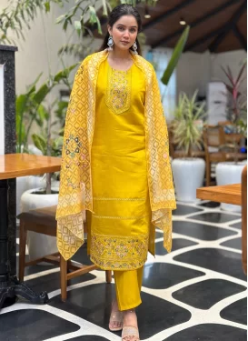 Embroidered Work Silk Blend Readymade Salwar Suit in Mustard for Women