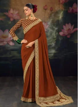 Embroidered Work Silk Classic Saree in Orange for Women