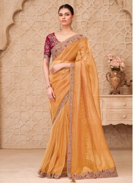 Embroidered Work Silk Georgette Classic Saree in Mustard for Women