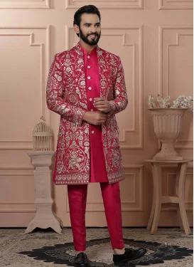 Embroidered Work Silk Indo Western in Rose Pink for Men