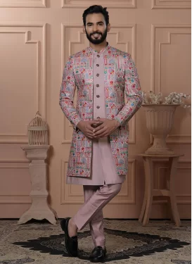 Embroidered Work Silk Indo Western in Salmon for Men