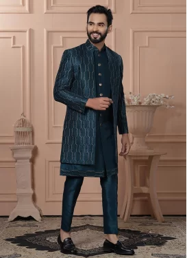 Embroidered Work Silk Indo Western in Teal for Festival