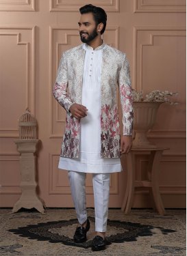 Embroidered Work Silk Indo Western in White for Festival