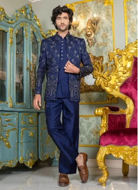 Embroidered Work Silk Jodhpuri Suit in Navy Blue for Festival