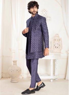 Embroidered Work Silk Jodhpuri Suit in Purple for Festival