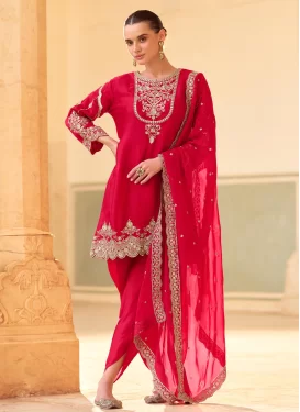 Embroidered Work Silk Readymade Salwar Suit in Red for Women