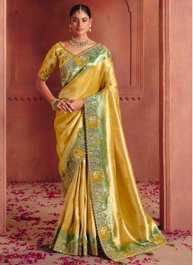 Embroidered Work Silk Traditional Saree in Green and Mustard for Women