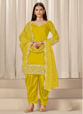 Embroidered Work Straight Suit For Ceremonial in Mustard