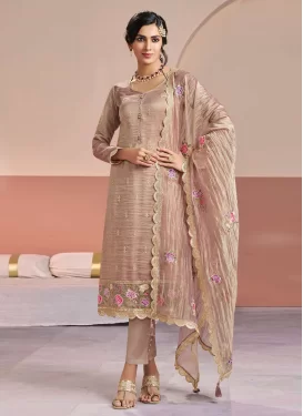 Embroidered Work Straight Suit For Party in Beige