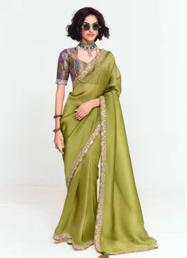 Embroidered Work Tissue Classic Saree in Olive for Women