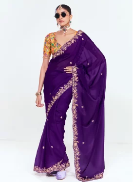Embroidered Work Tissue Classic Saree in Purple for Women