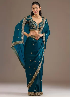 Embroidered Work Tissue Classic Saree in Teal for Women