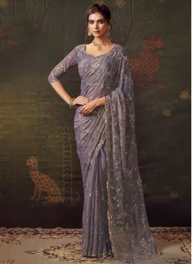 Embroidered Work Tissue Traditional Saree in Violet for Women
