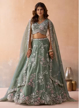 Embroidered Work Tissue Trendy Lehenga Choli in Sea Green for Women