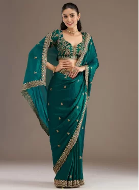 Embroidered Work Tissue Trendy Saree in Sea Green for Women