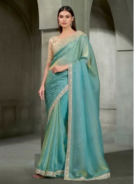 Embroidered Work Tissue Trendy Saree in Turquoise for Festival
