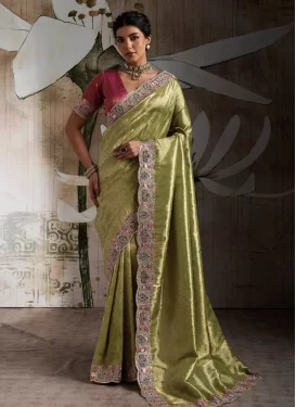 Embroidered Work Traditional Saree For Festival in Olive