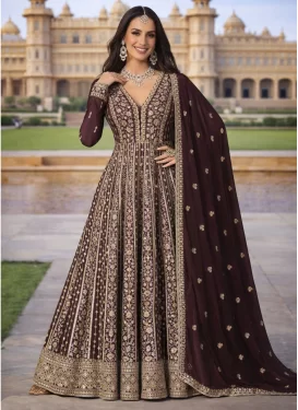 Embroidered Work Trendy Gown For Festival in Coffee Brown