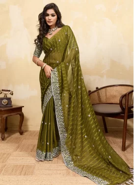 Embroidered Work Trendy Saree For Casual in Olive