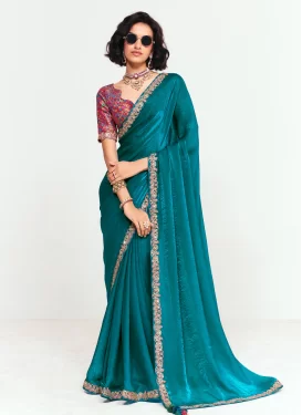 Embroidered Work Trendy Saree For Ceremonial in Teal