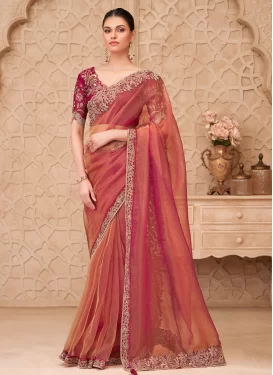 Embroidered Work Trendy Saree For Festival in Salmon Embroidered Work Trendy Saree For Festival in Salmon