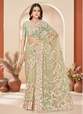 Embroidered Work Trendy Saree For Festival in Sea Green