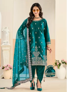 Embroidered Work Velvet Punjabi Salwar Suit in Teal for Women