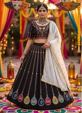 Embroidered Work Vichitra Silk Readymade Lehenga Choli in Black for Women